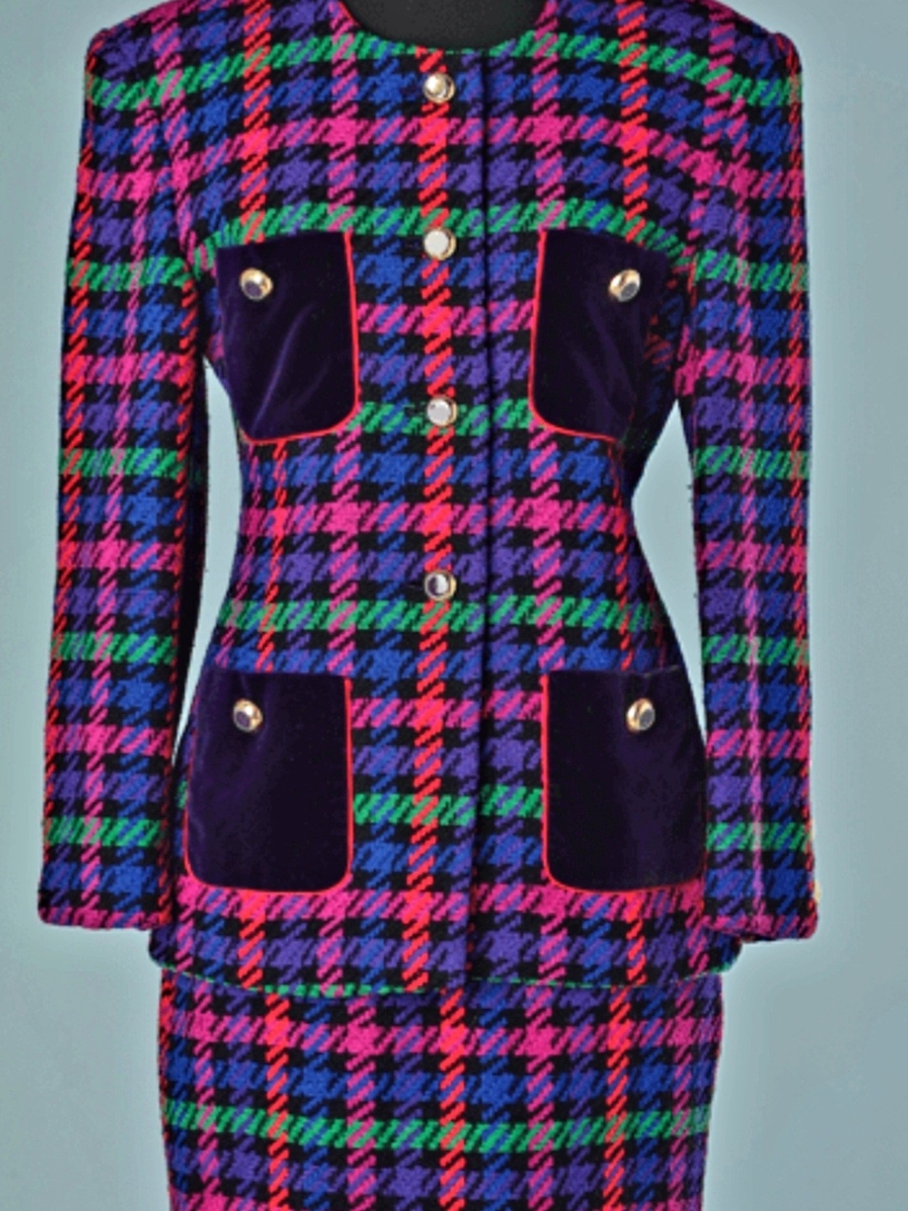 Vintage Escada Vibrant Plaid Wool Blazer & Skirt Size M🔥